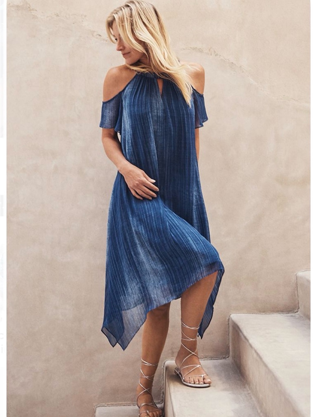 Chico's Navy Cold-Shoulder Halter Asymmetrical Dress - Size 1